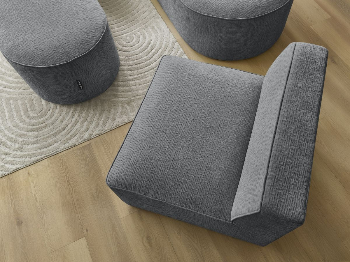 Vaste hoekbank ROUSSEAU met textuurstof met 1 chaise longue en 1 poef