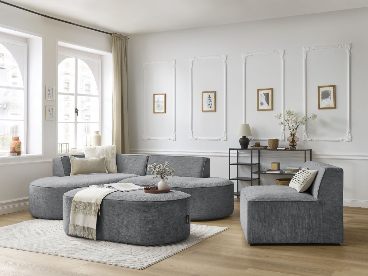 Vaste hoekbank ROUSSEAU met textuurstof met 1 chaise longue en 1 poef