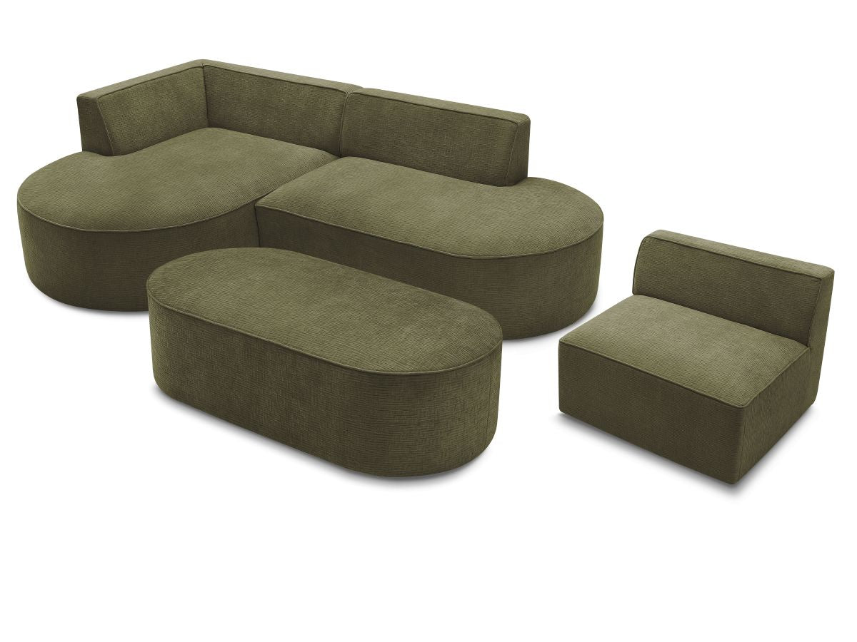 Vaste hoekbank ROUSSEAU met textuurstof met 1 chaise longue en 1 poef