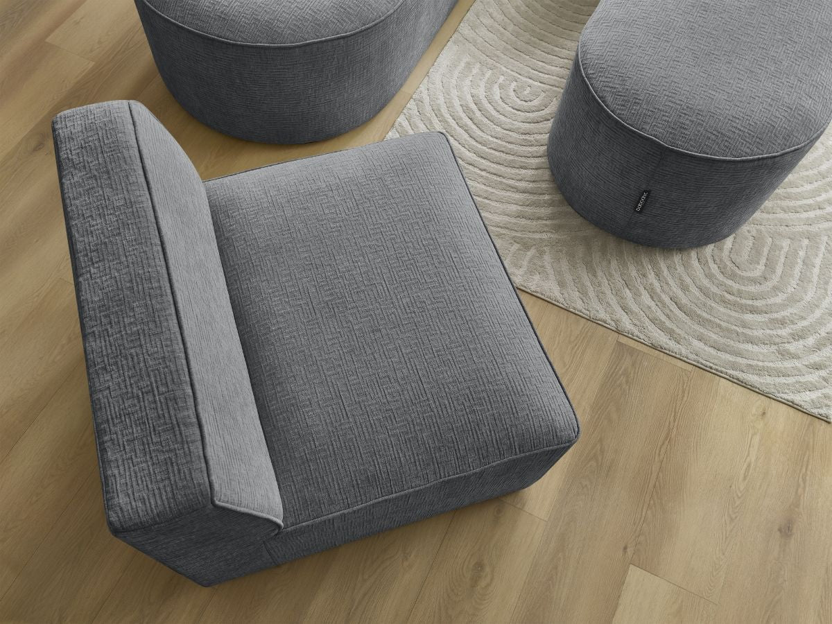 Vaste hoekbank ROUSSEAU met textuurstof met 1 chaise longue en 1 poef