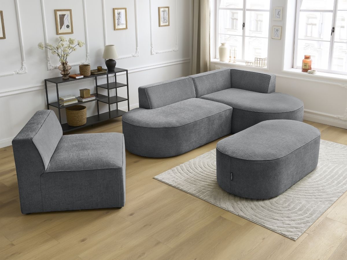 Vaste hoekbank ROUSSEAU met textuurstof met 1 chaise longue en 1 poef