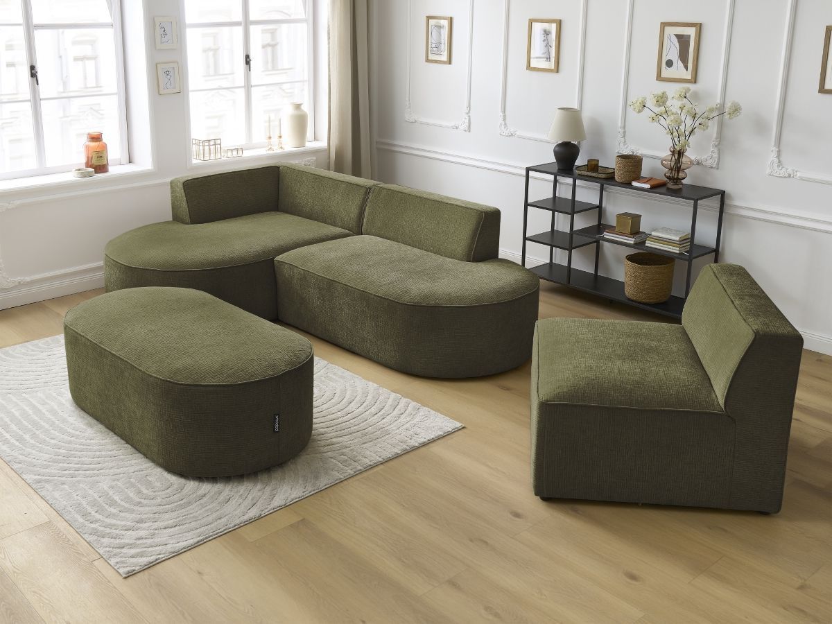 Vaste hoekbank ROUSSEAU met textuurstof met 1 chaise longue en 1 poef