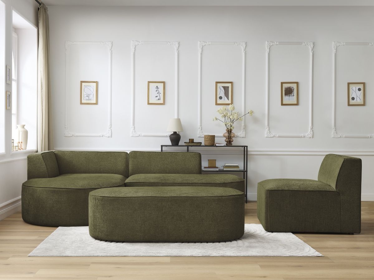 Vaste hoekbank ROUSSEAU met textuurstof met 1 chaise longue en 1 poef
