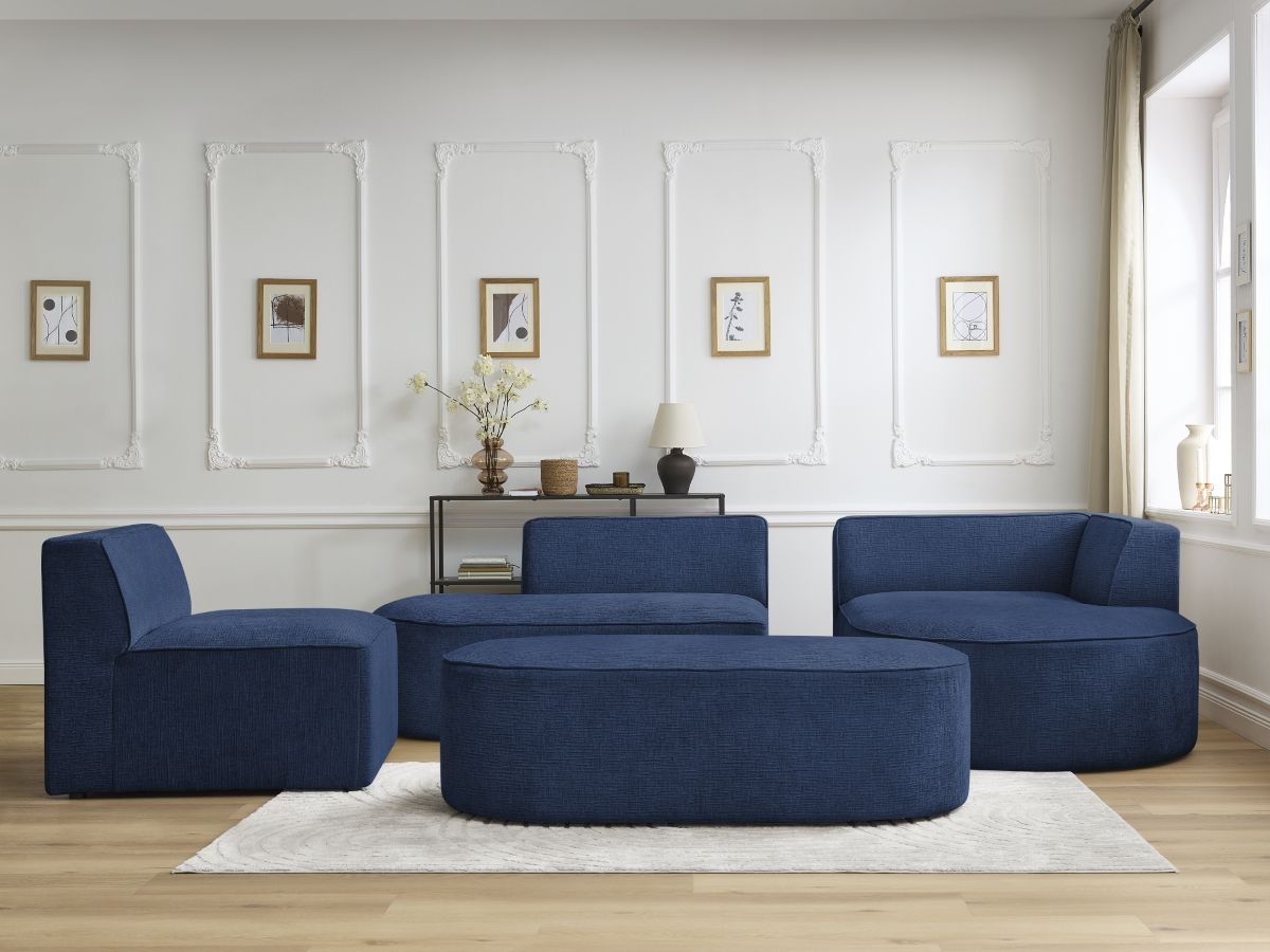 Vaste hoekbank ROUSSEAU met textuurstof met 1 chaise longue en 1 poef