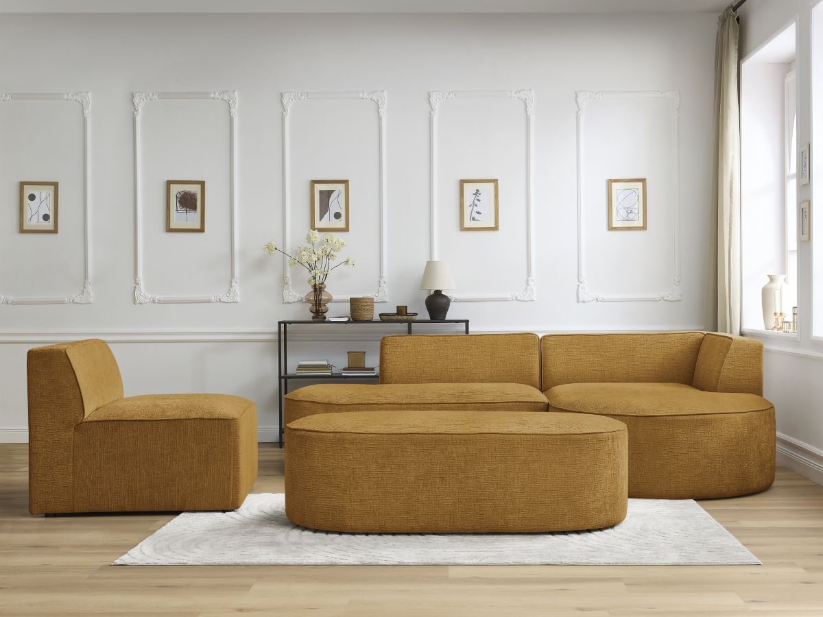 Vaste hoekbank ROUSSEAU met textuurstof met 1 chaise longue en 1 poef