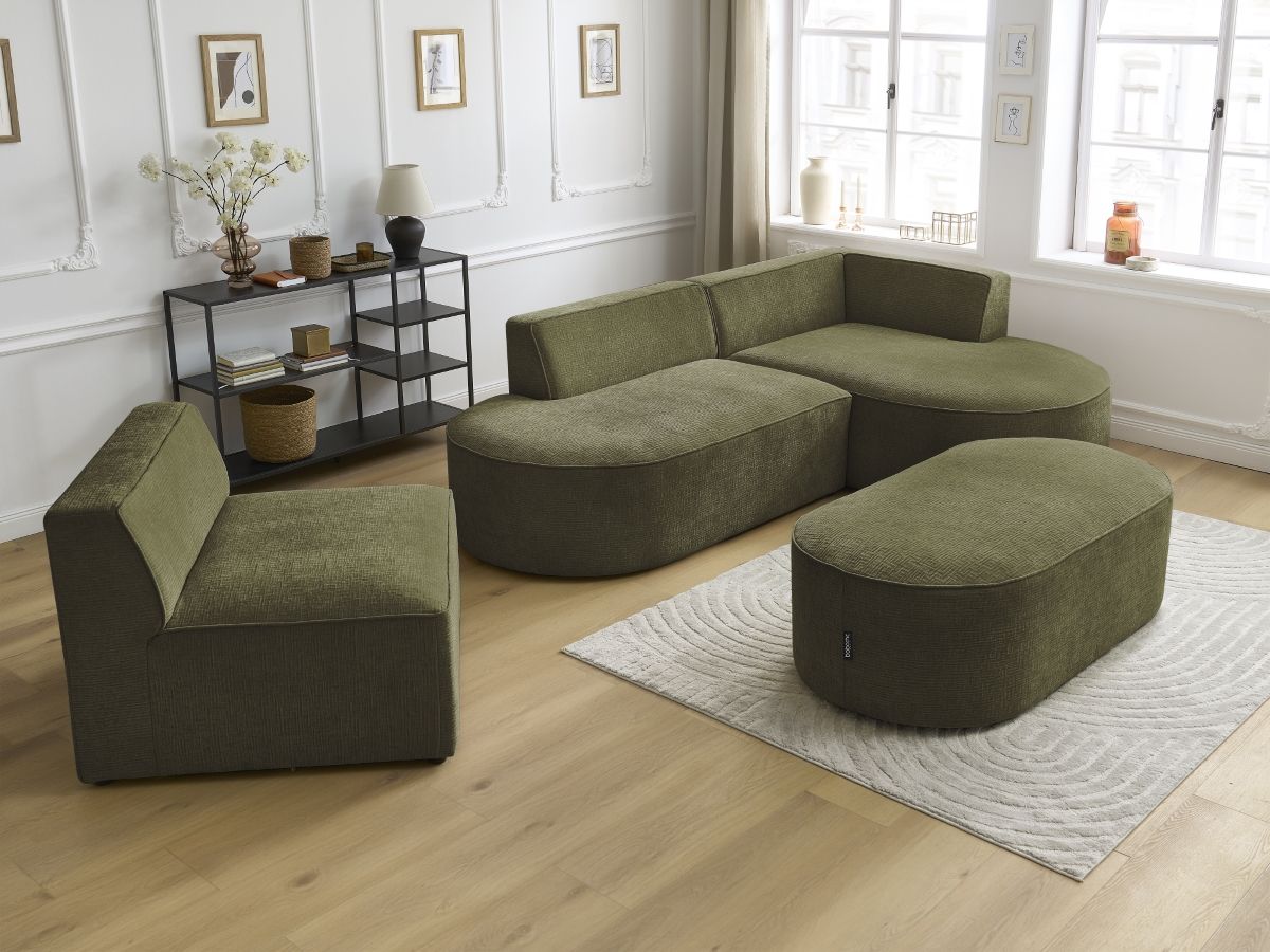 Vaste hoekbank ROUSSEAU met textuurstof met 1 chaise longue en 1 poef