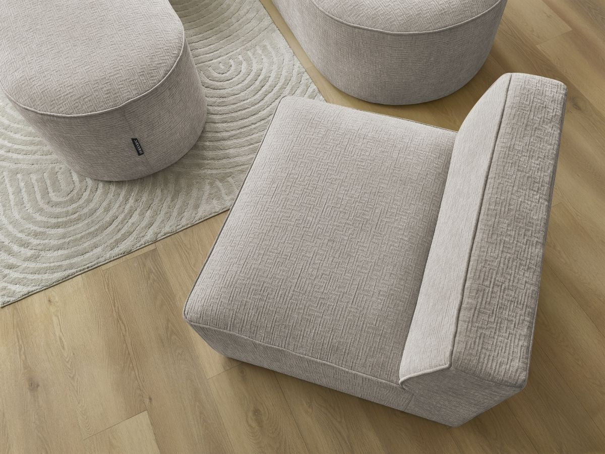 Vaste hoekbank ROUSSEAU met textuurstof met 1 chaise longue en 1 poef
