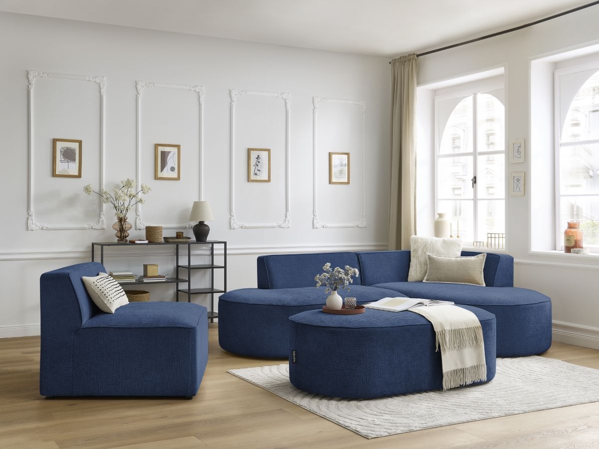 Vaste hoekbank ROUSSEAU met textuurstof met 1 chaise longue en 1 poef