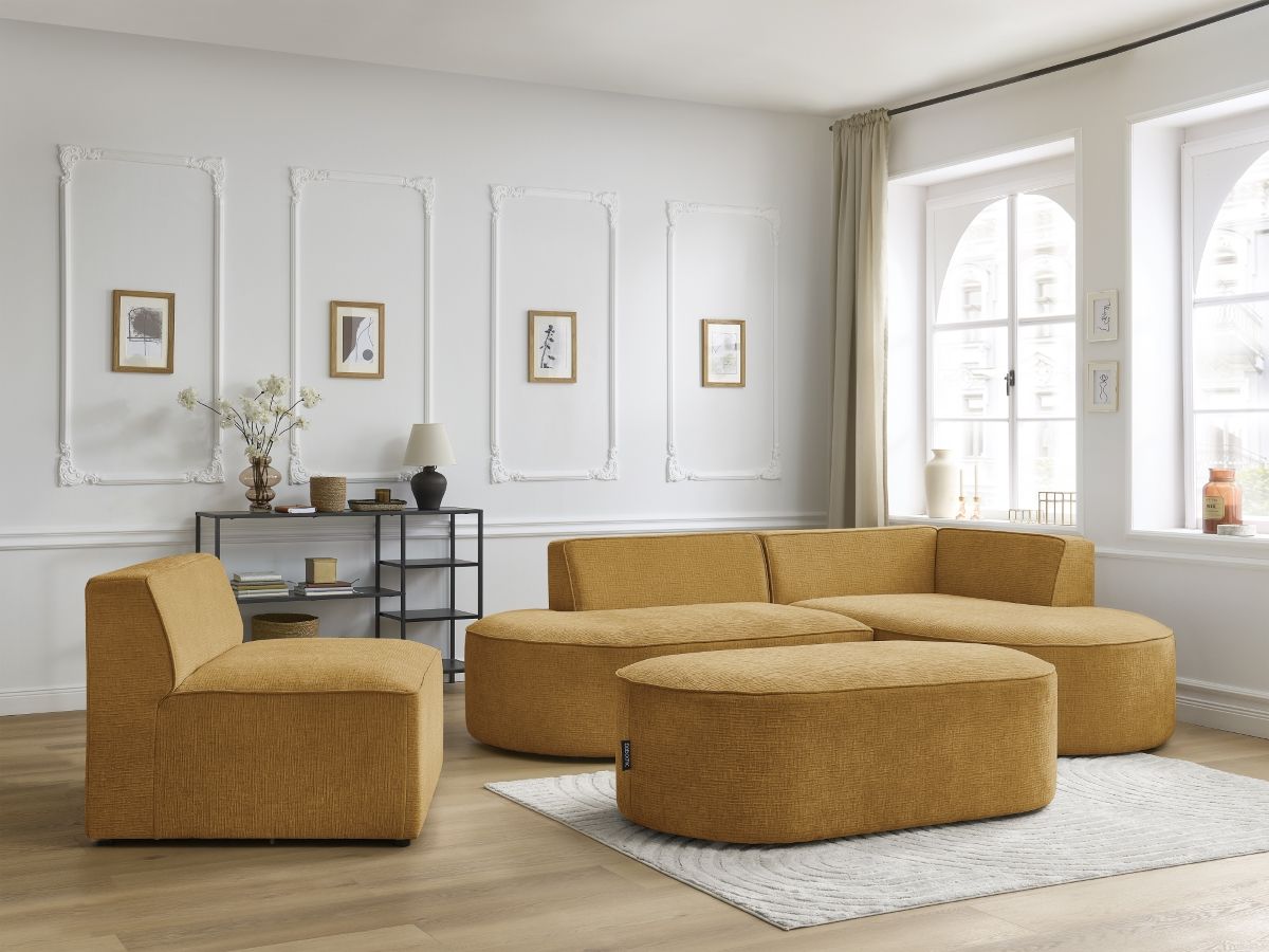Vaste hoekbank ROUSSEAU met textuurstof met 1 chaise longue en 1 poef