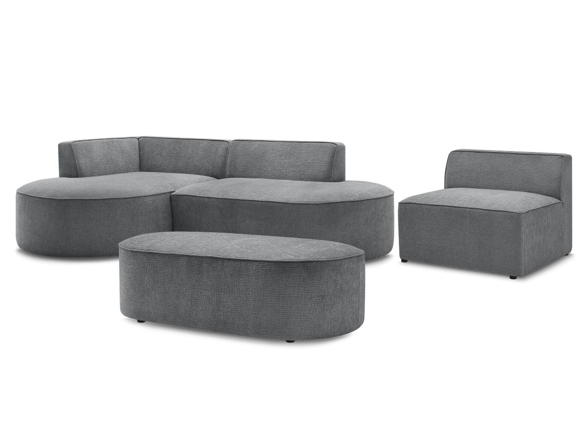 Vaste hoekbank ROUSSEAU met textuurstof met 1 chaise longue en 1 poef