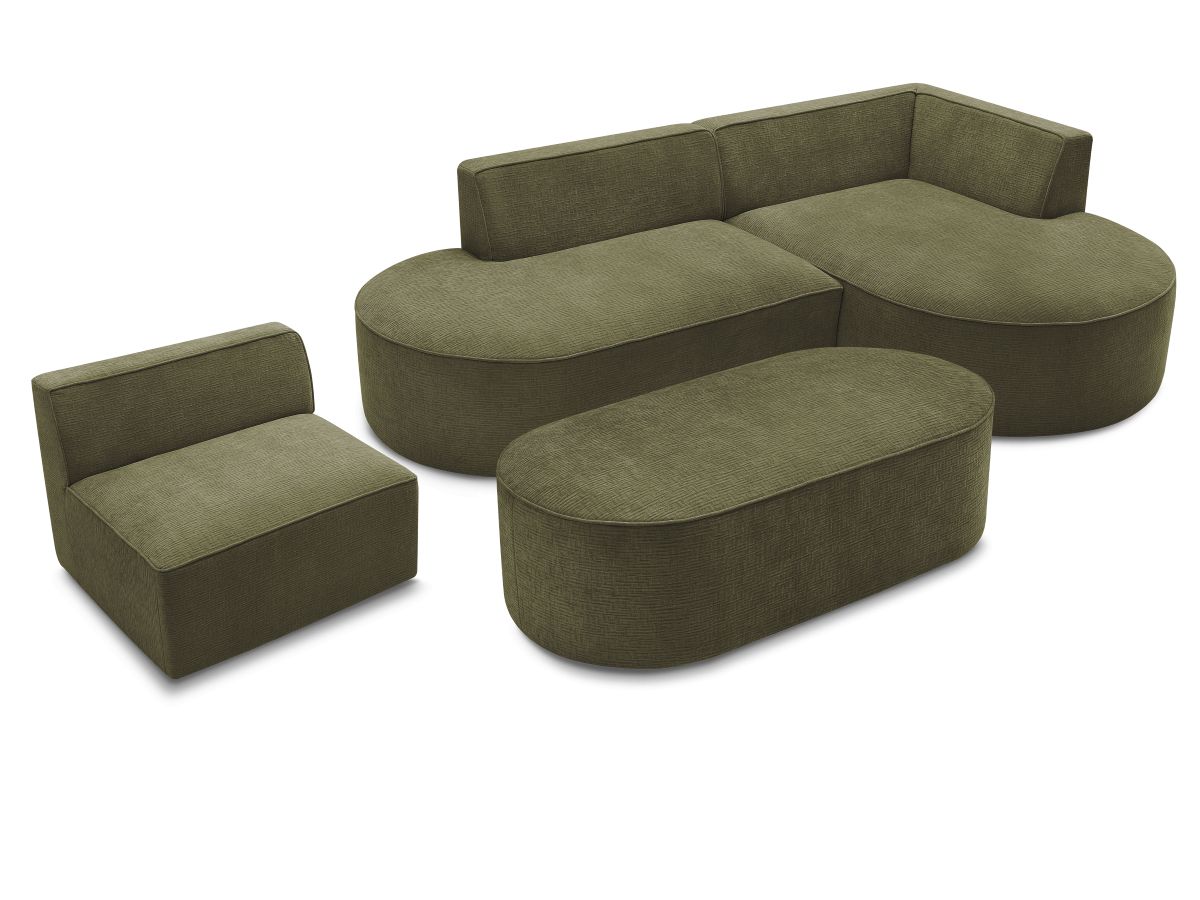 Vaste hoekbank ROUSSEAU met textuurstof met 1 chaise longue en 1 poef