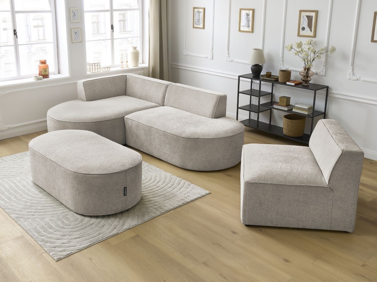 Vaste hoekbank ROUSSEAU met textuurstof met 1 chaise longue en 1 poef