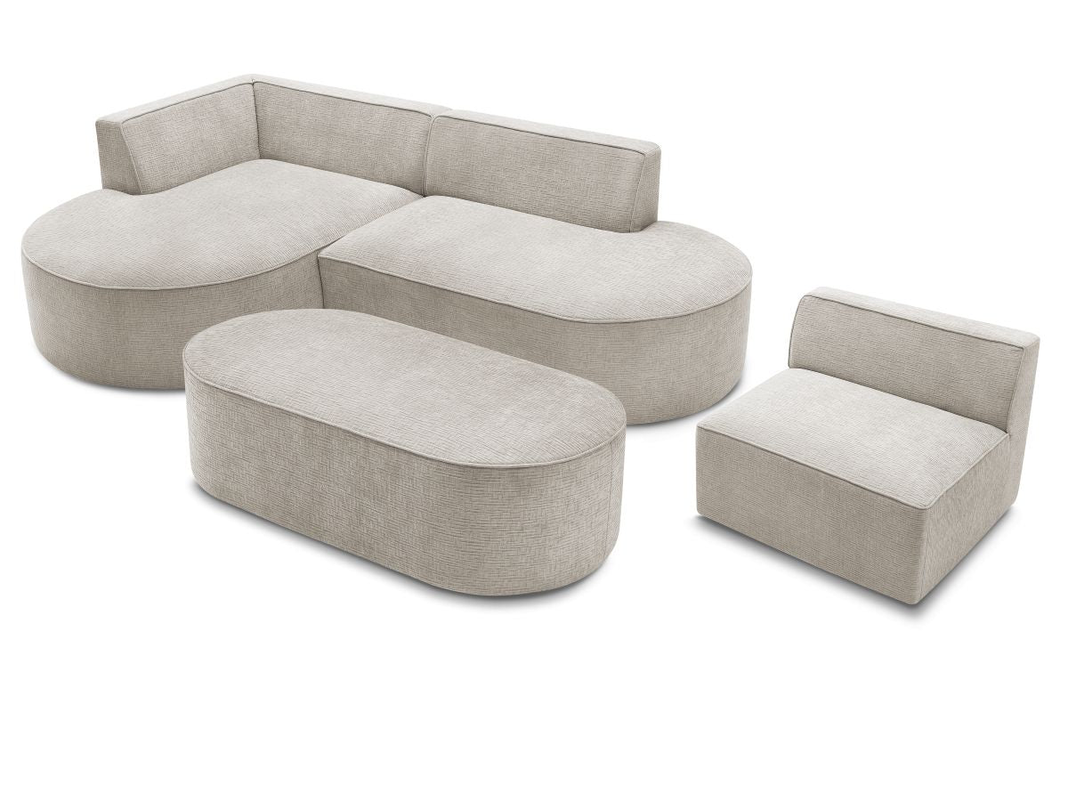 Vaste hoekbank ROUSSEAU met textuurstof met 1 chaise longue en 1 poef