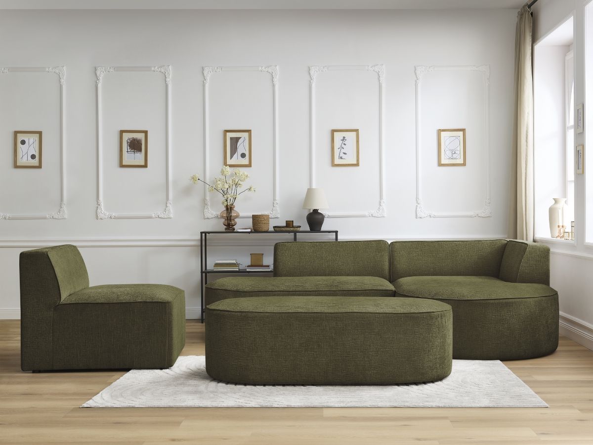 Vaste hoekbank ROUSSEAU met textuurstof met 1 chaise longue en 1 poef