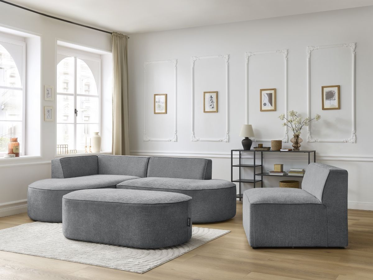 Vaste hoekbank ROUSSEAU met textuurstof met 1 chaise longue en 1 poef