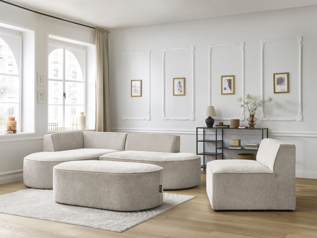 Vaste hoekbank ROUSSEAU met textuurstof met 1 chaise longue en 1 poef