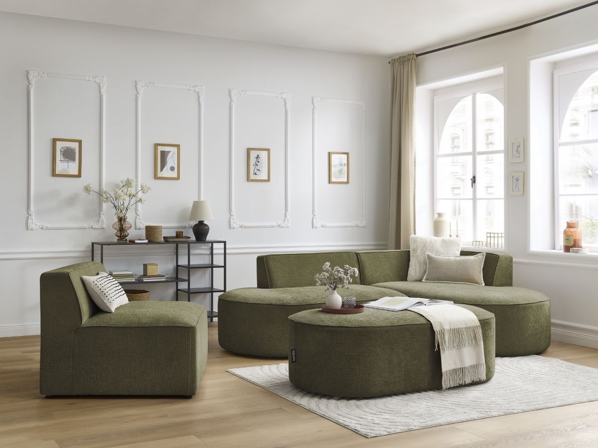 Vaste hoekbank ROUSSEAU met textuurstof met 1 chaise longue en 1 poef