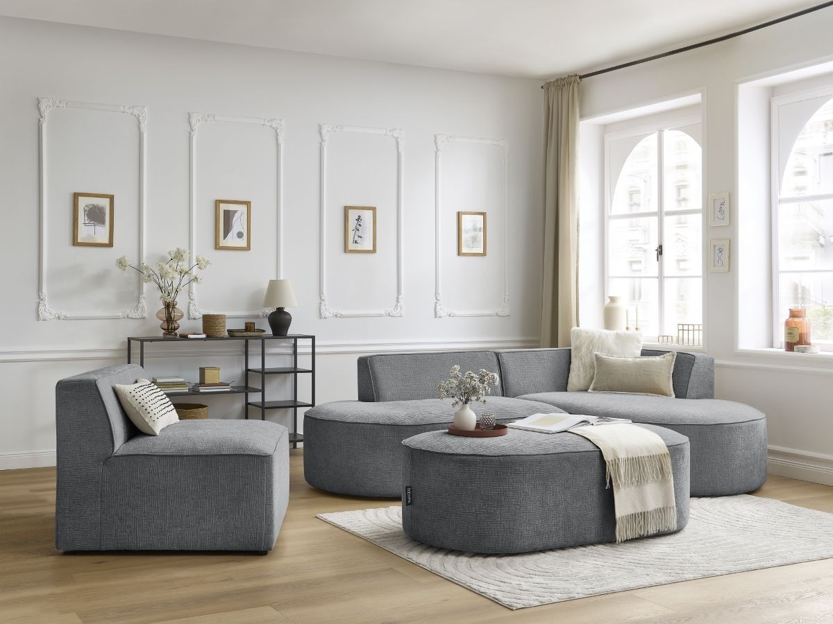 Vaste hoekbank ROUSSEAU met textuurstof met 1 chaise longue en 1 poef