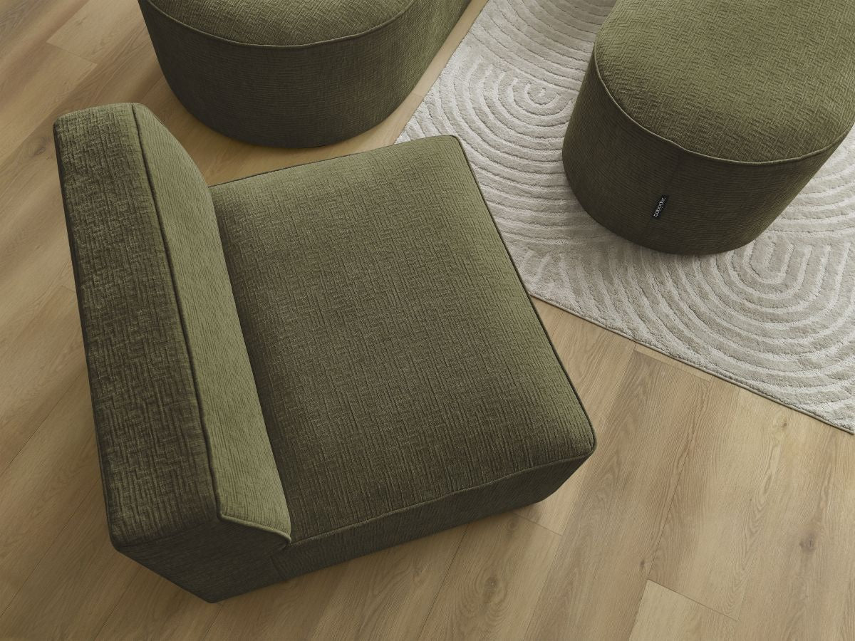 Vaste hoekbank ROUSSEAU met textuurstof met 1 chaise longue en 1 poef