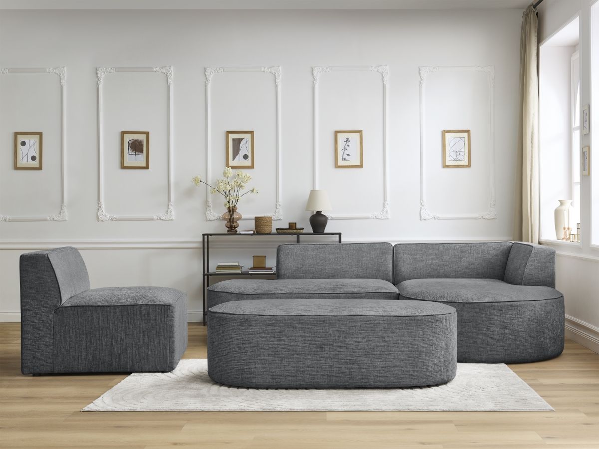 Vaste hoekbank ROUSSEAU met textuurstof met 1 chaise longue en 1 poef