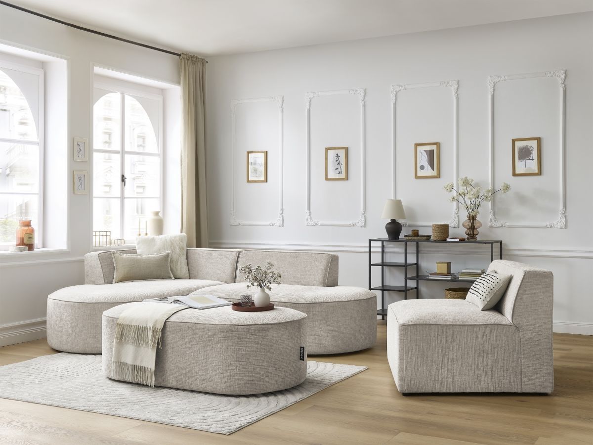 Vaste hoekbank ROUSSEAU met textuurstof met 1 chaise longue en 1 poef