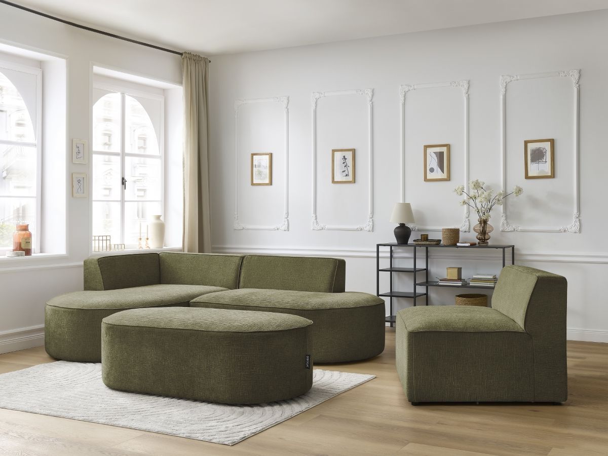 Vaste hoekbank ROUSSEAU met textuurstof met 1 chaise longue en 1 poef