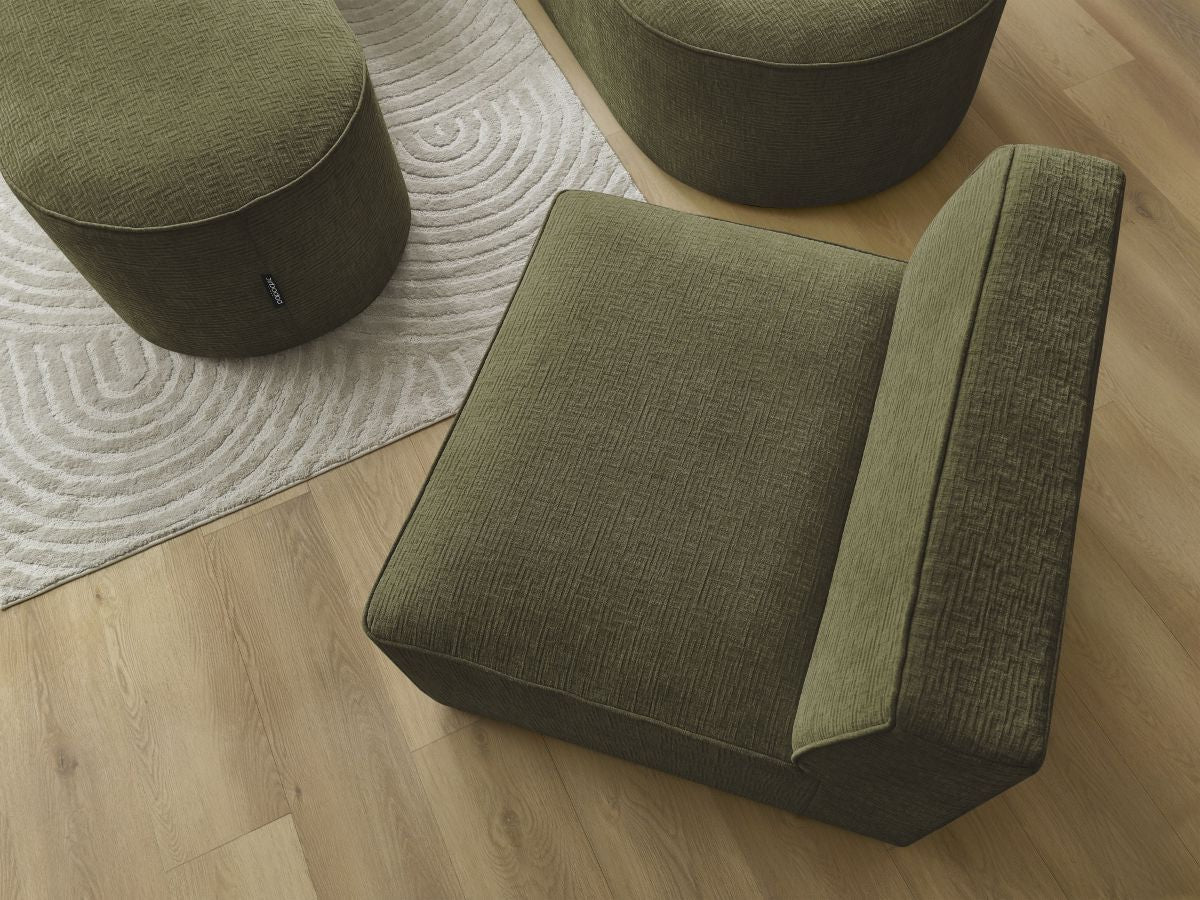 Vaste hoekbank ROUSSEAU met textuurstof met 1 chaise longue en 1 poef