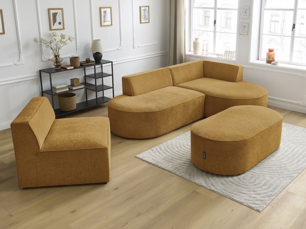 Vaste hoekbank ROUSSEAU met textuurstof met 1 chaise longue en 1 poef