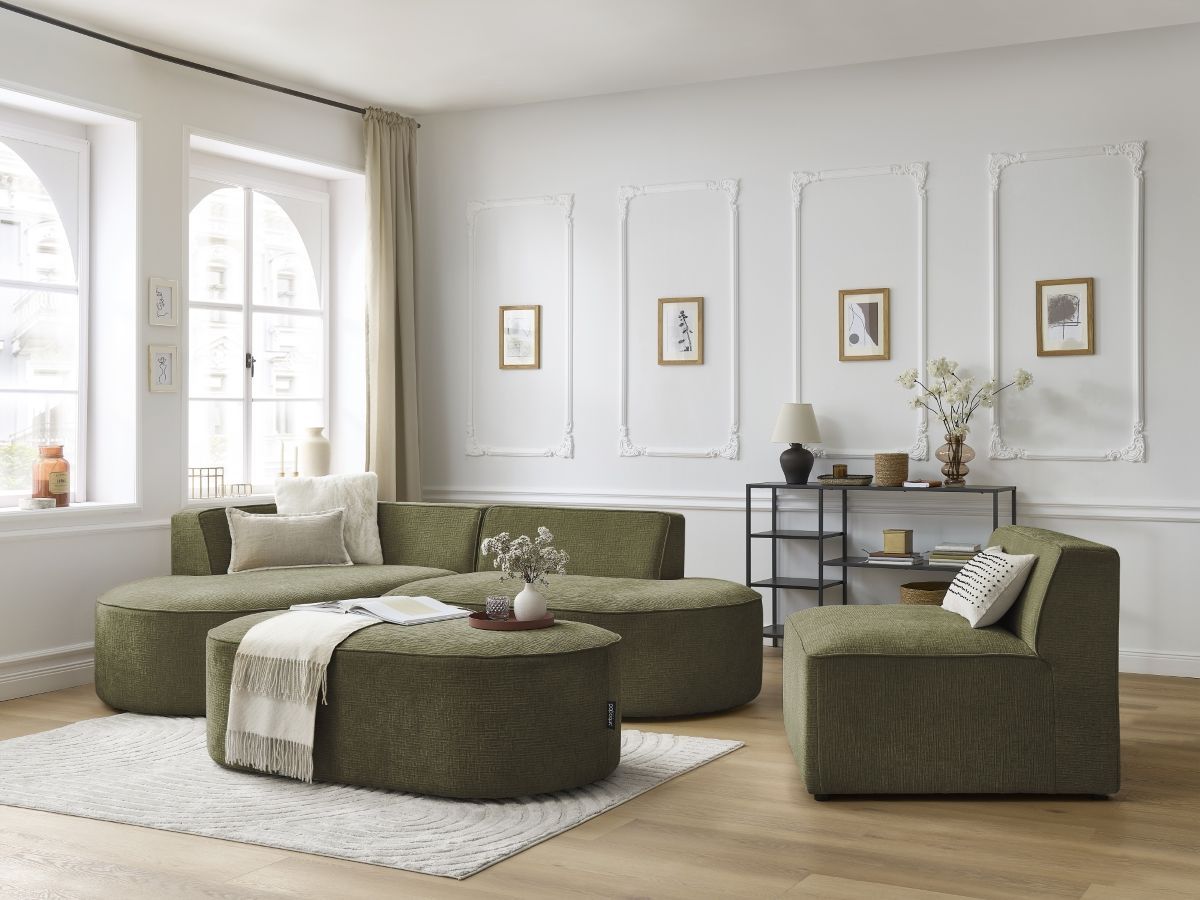 Vaste hoekbank ROUSSEAU met textuurstof met 1 chaise longue en 1 poef