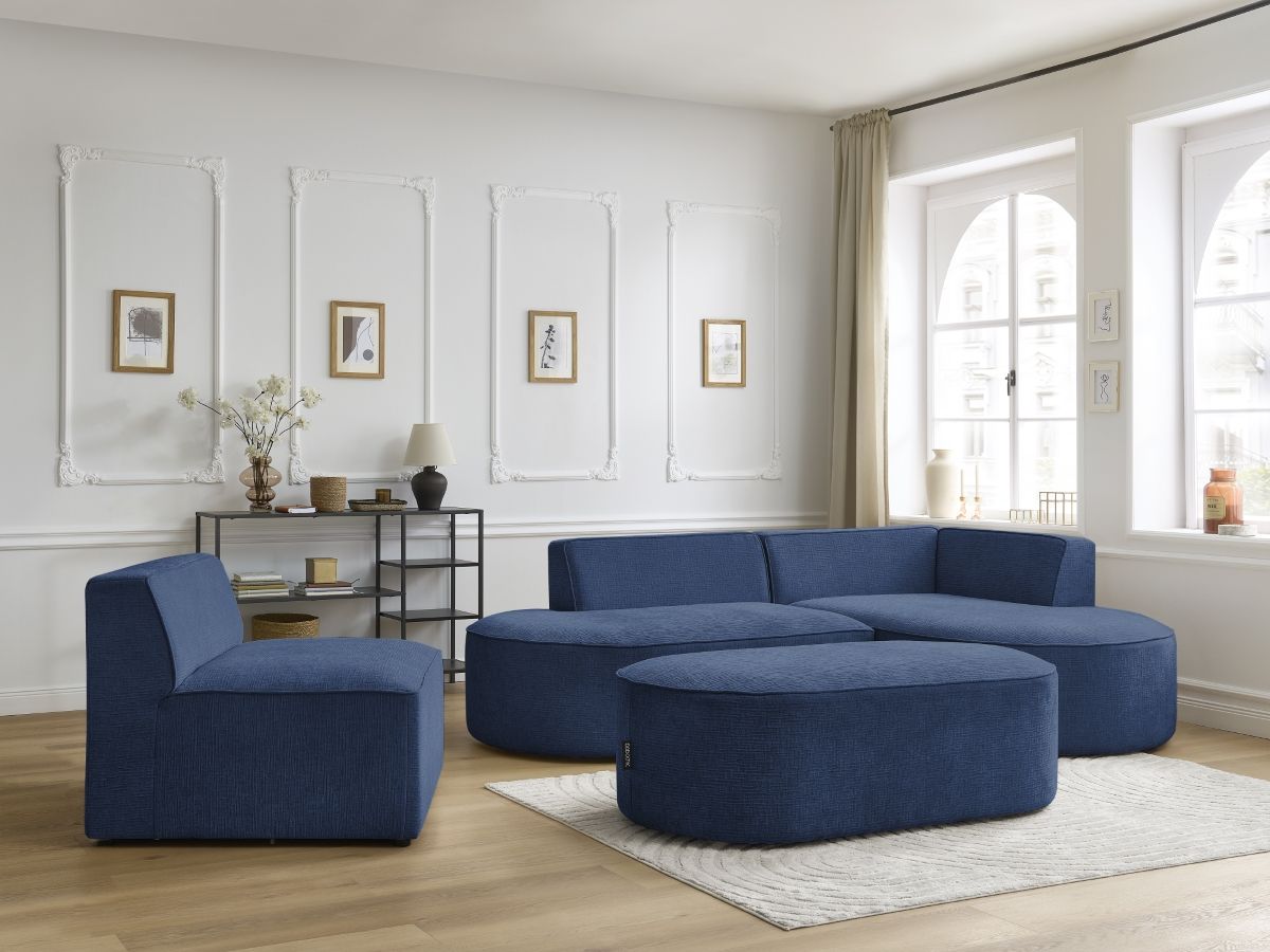 Vaste hoekbank ROUSSEAU met textuurstof met 1 chaise longue en 1 poef