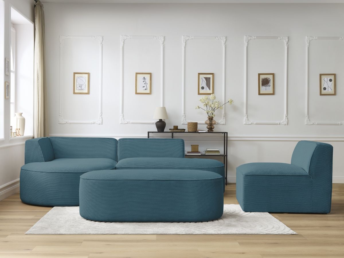 Vaste hoekbank ROUSSEAU in ribfluweel met 1 chaise longue en 1 poef