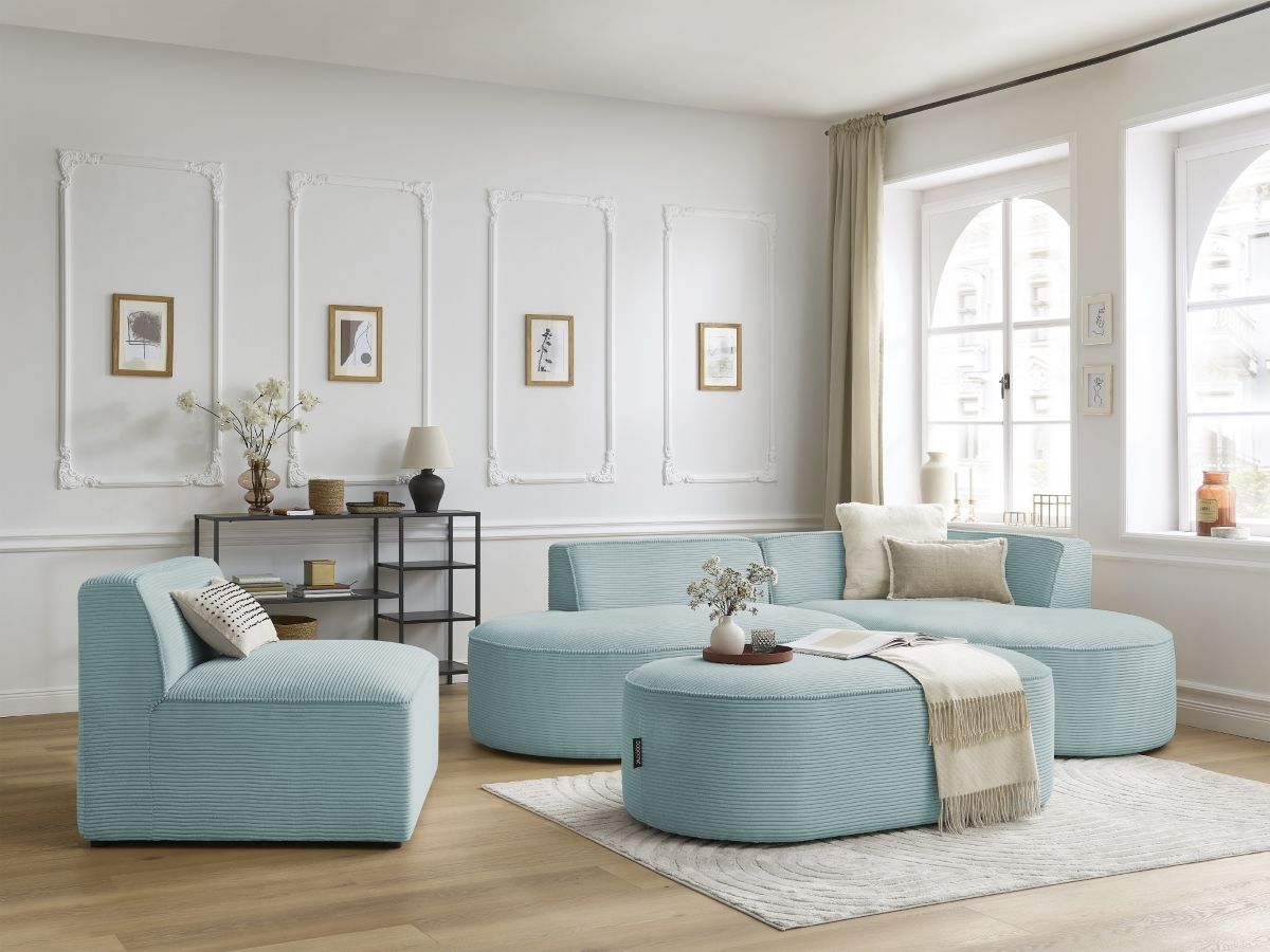 Vaste hoekbank ROUSSEAU in ribfluweel met 1 chaise longue en 1 poef