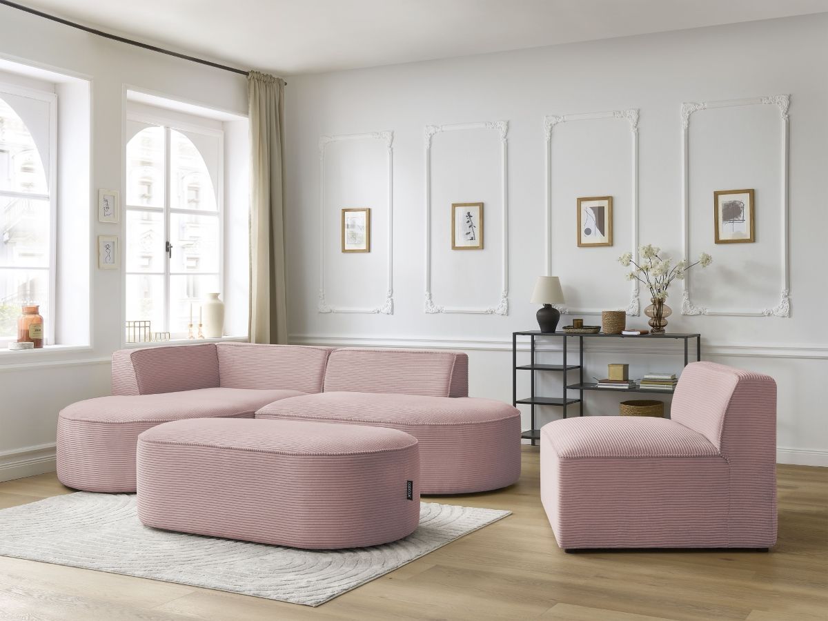 Vaste hoekbank ROUSSEAU in ribfluweel met 1 chaise longue en 1 poef