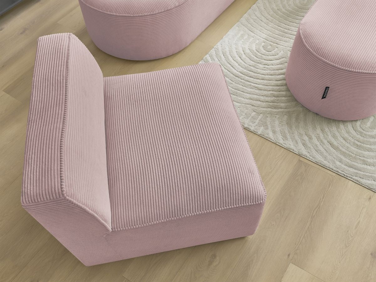 Vaste hoekbank ROUSSEAU in ribfluweel met 1 chaise longue en 1 poef