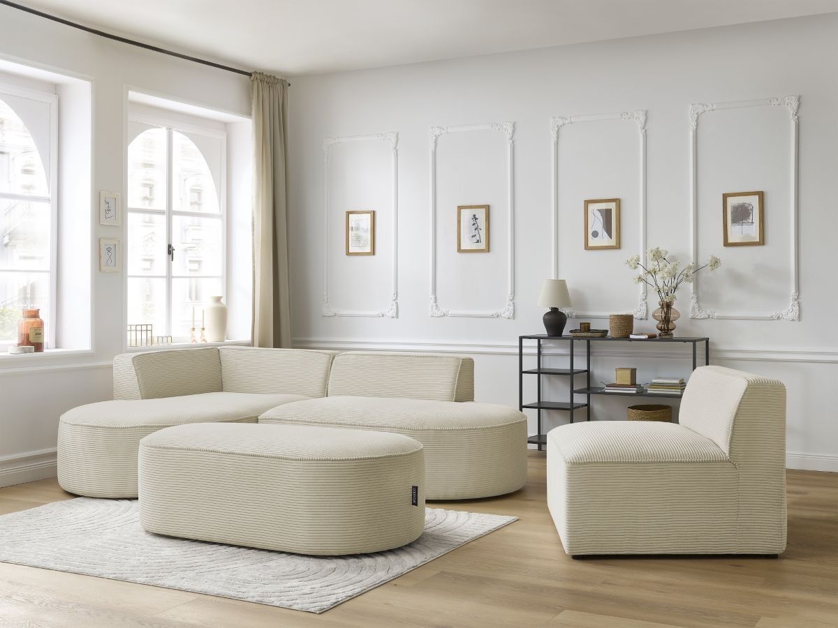 Vaste hoekbank ROUSSEAU in ribfluweel met 1 chaise longue en 1 poef