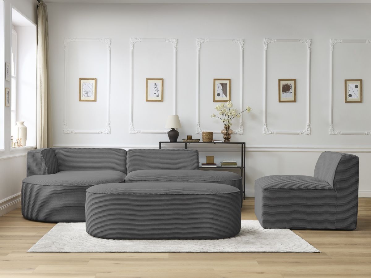 Vaste hoekbank ROUSSEAU in ribfluweel met 1 chaise longue en 1 poef