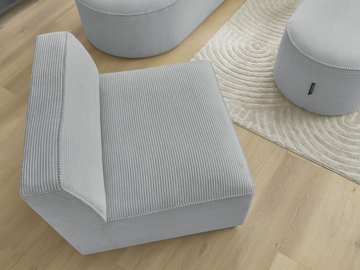 Vaste hoekbank ROUSSEAU in ribfluweel met 1 chaise longue en 1 poef