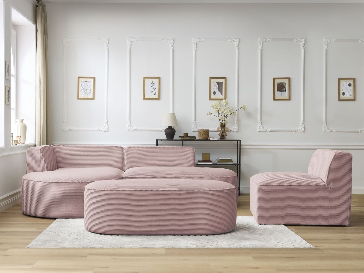 Vaste hoekbank ROUSSEAU in ribfluweel met 1 chaise longue en 1 poef