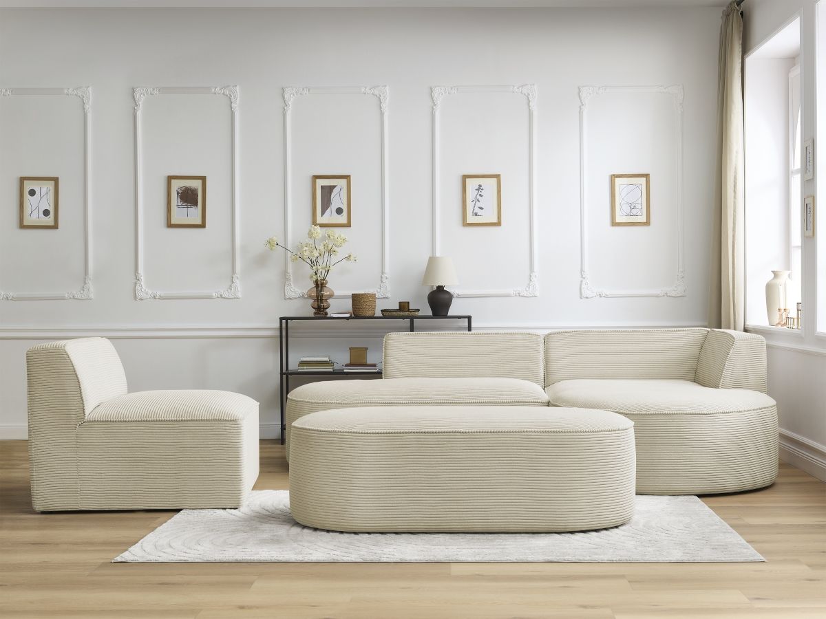 Vaste hoekbank ROUSSEAU in ribfluweel met 1 chaise longue en 1 poef