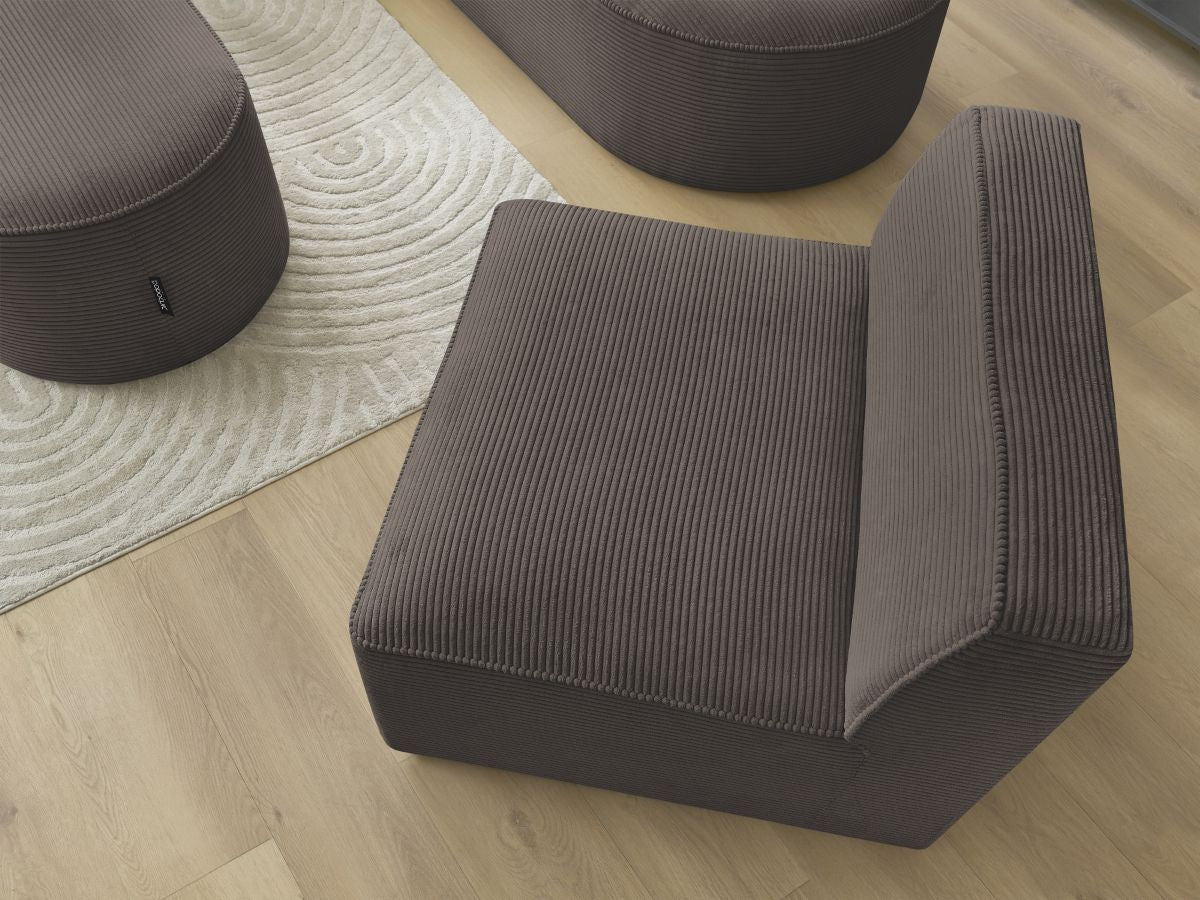 Vaste hoekbank ROUSSEAU in ribfluweel met 1 chaise longue en 1 poef