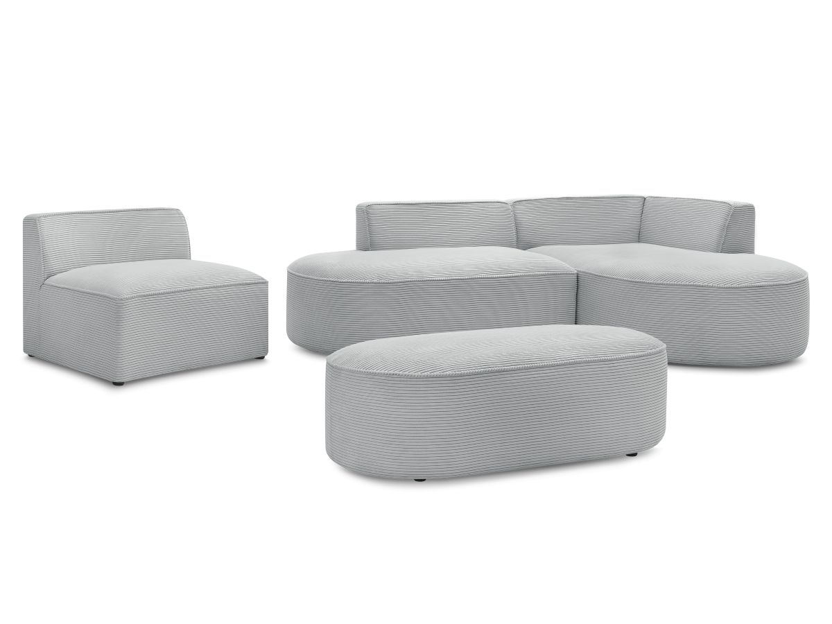 Vaste hoekbank ROUSSEAU in ribfluweel met 1 chaise longue en 1 poef