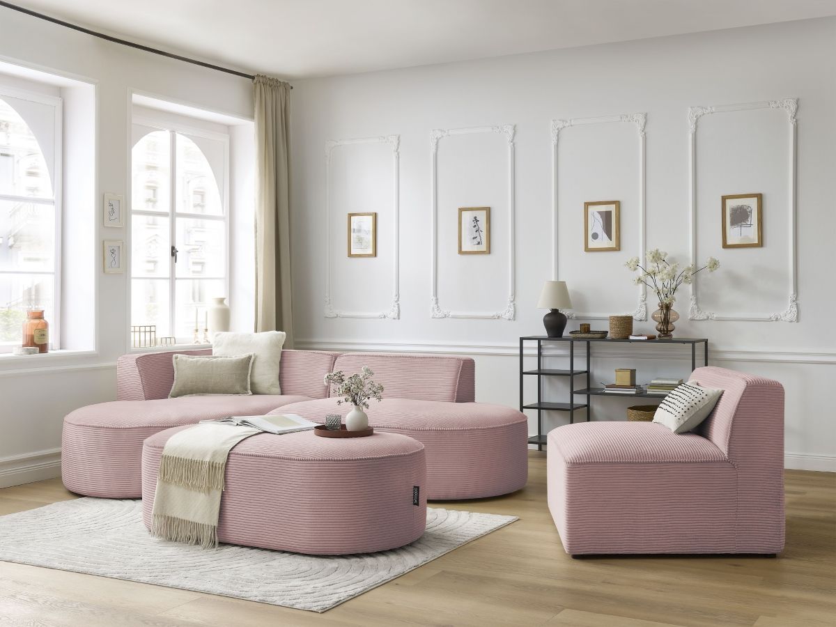 Vaste hoekbank ROUSSEAU in ribfluweel met 1 chaise longue en 1 poef