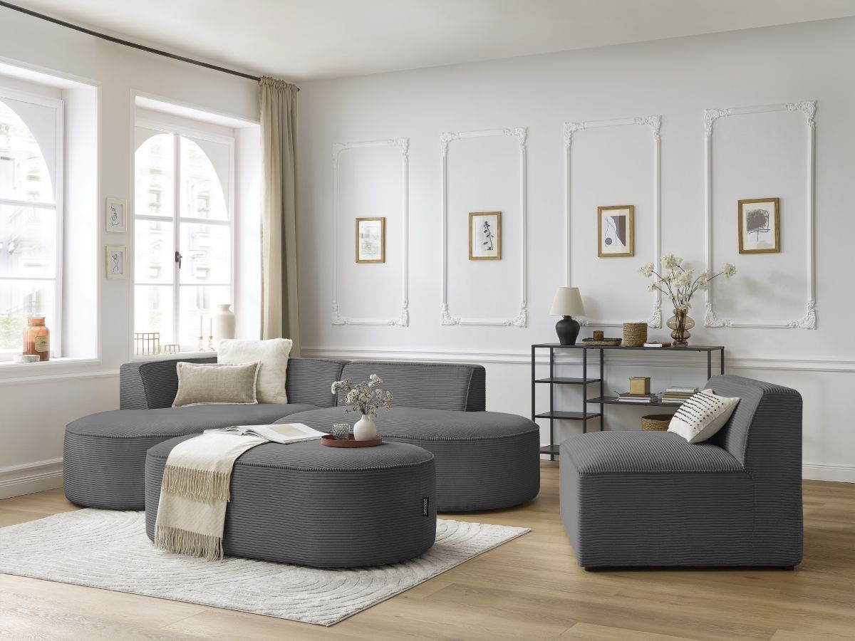 Vaste hoekbank ROUSSEAU in ribfluweel met 1 chaise longue en 1 poef