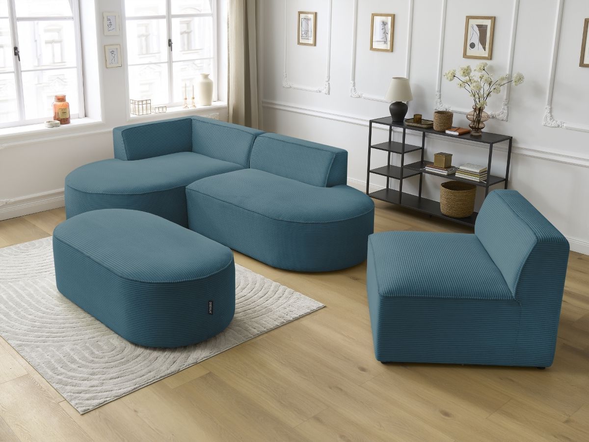 Vaste hoekbank ROUSSEAU in ribfluweel met 1 chaise longue en 1 poef