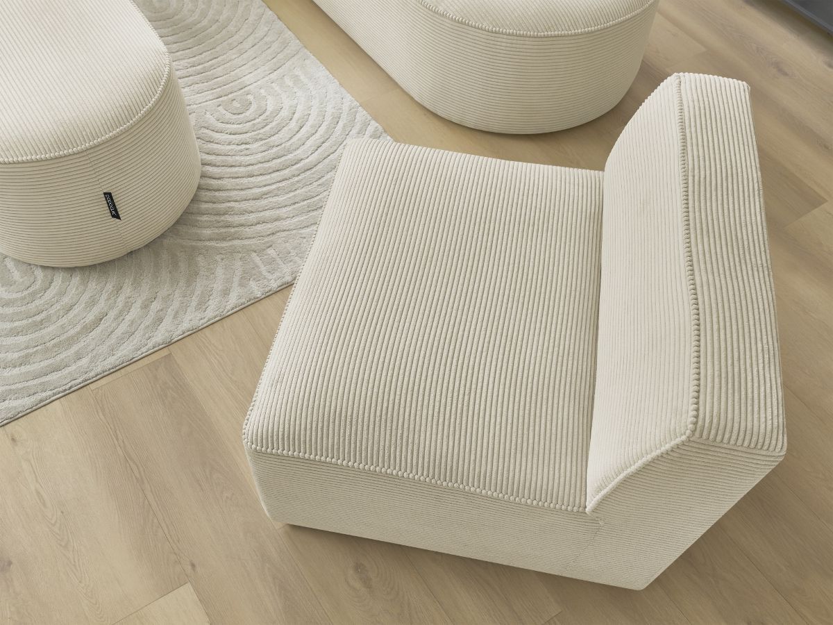 Vaste hoekbank ROUSSEAU in ribfluweel met 1 chaise longue en 1 poef