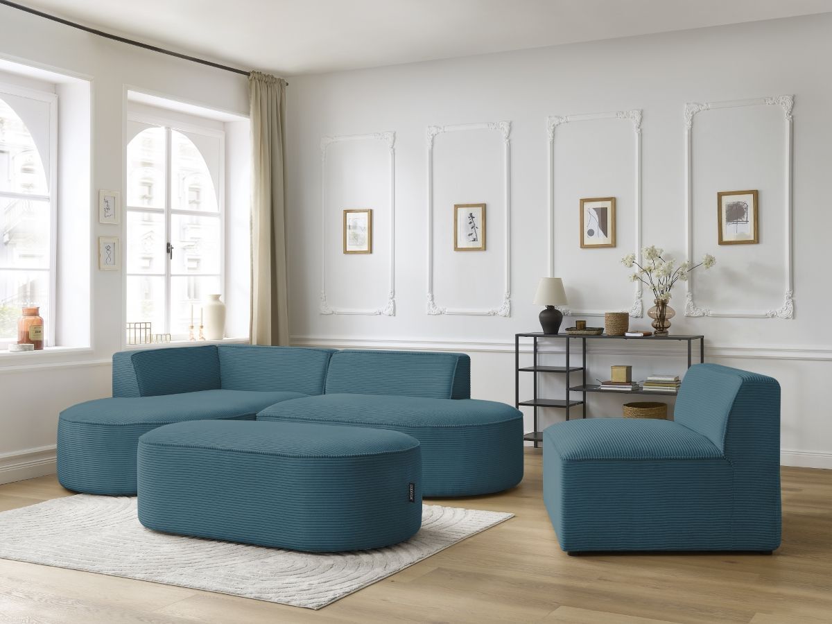 Vaste hoekbank ROUSSEAU in ribfluweel met 1 chaise longue en 1 poef