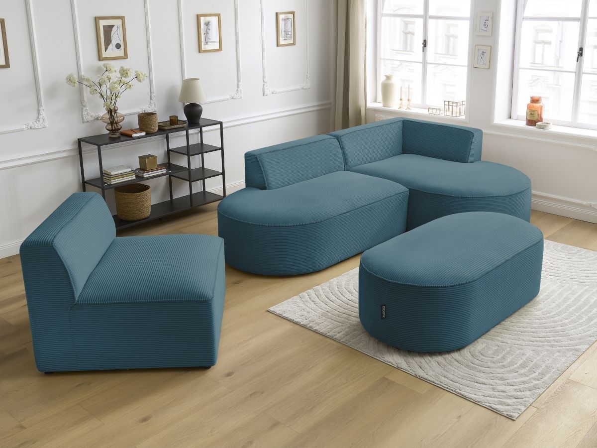 Vaste hoekbank ROUSSEAU in ribfluweel met 1 chaise longue en 1 poef