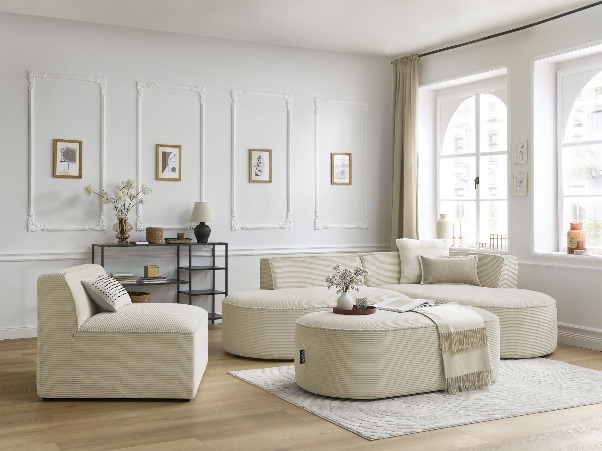 Vaste hoekbank ROUSSEAU in ribfluweel met 1 chaise longue en 1 poef