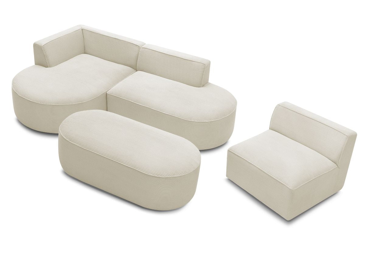 Vaste hoekbank ROUSSEAU in ribfluweel met 1 chaise longue en 1 poef