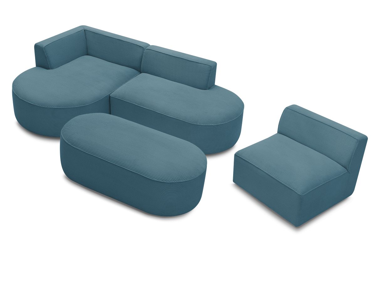 Vaste hoekbank ROUSSEAU in ribfluweel met 1 chaise longue en 1 poef